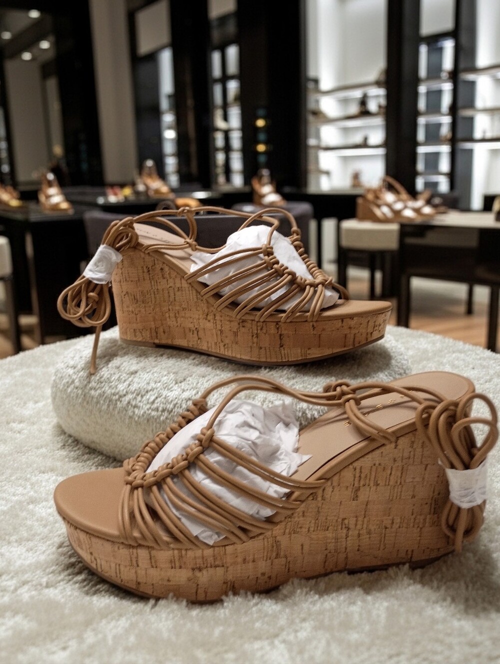New Sun + Stone Tilly Woven Cork Wedge Lace Up Sandals in Tan SZ 11